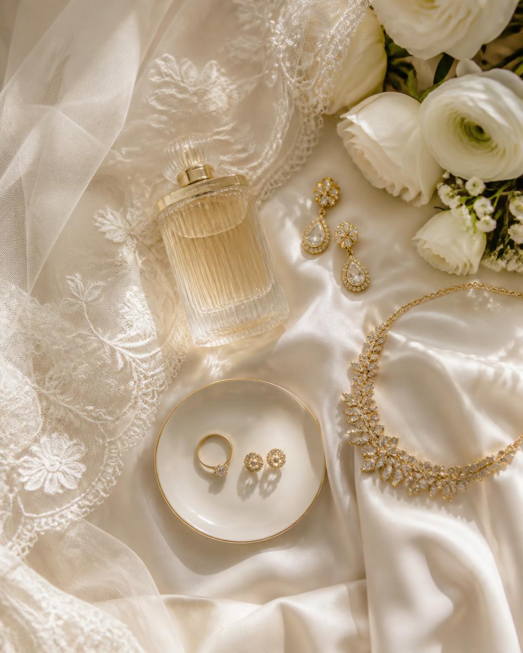 Bridal jewellery, veil and florals arranged on silk