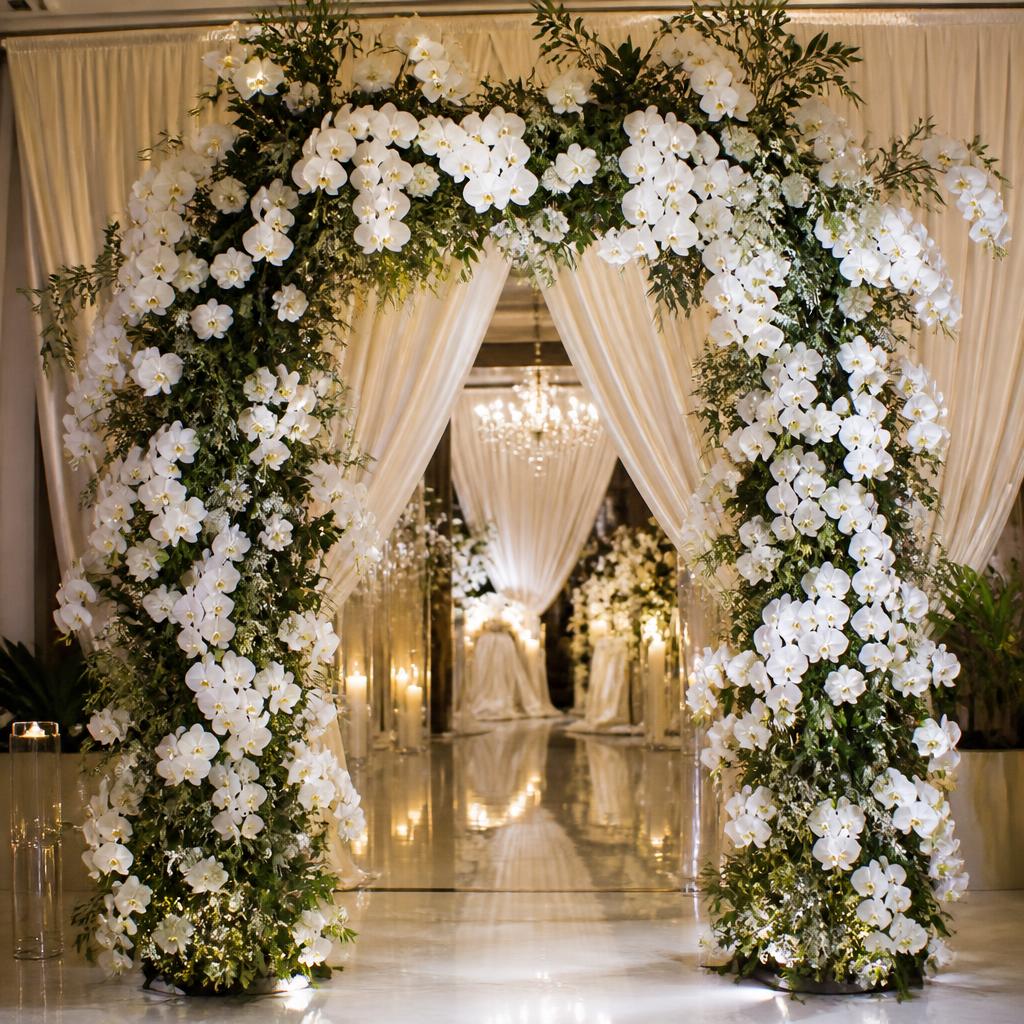 Floral arch of white orchids framing an event walkway