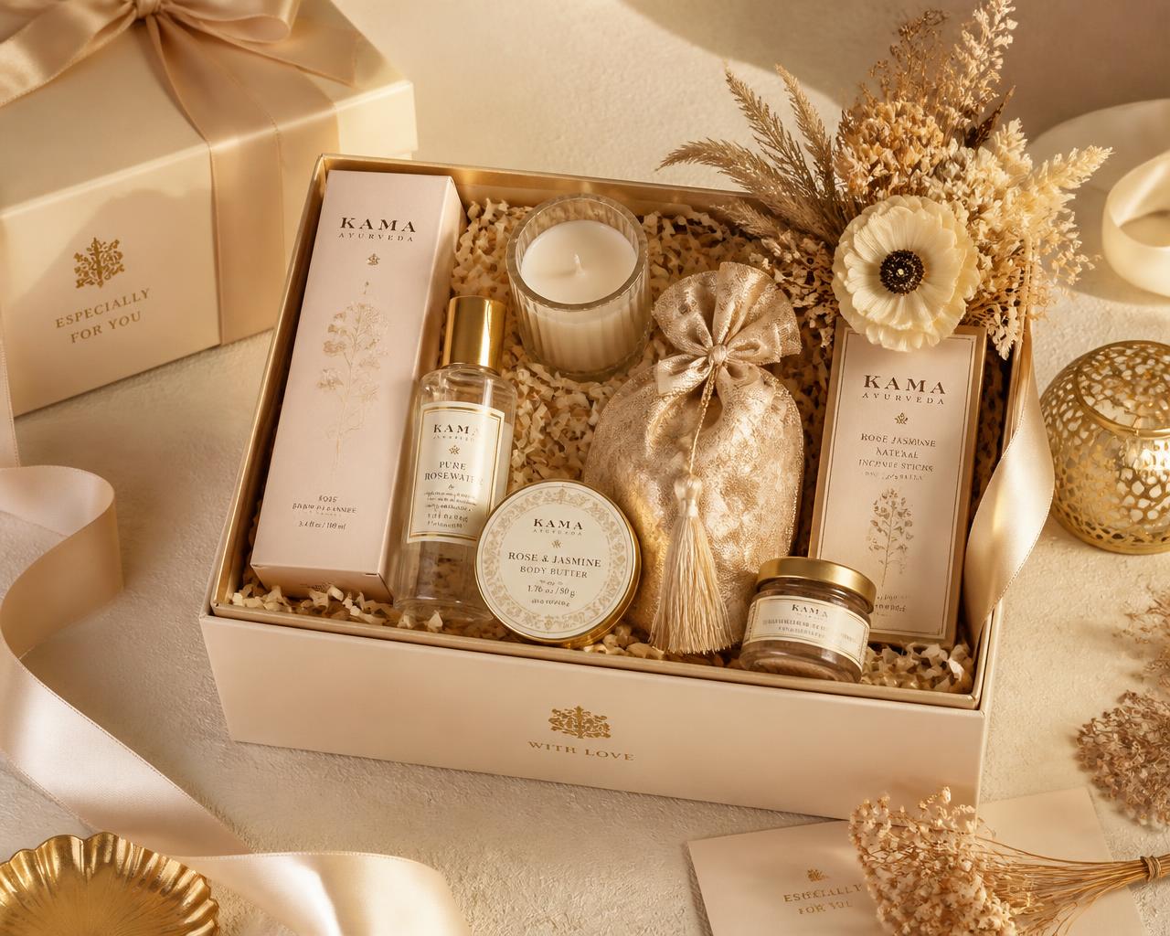 Luxury cream and gold gift hamper with ribbon and dried florals