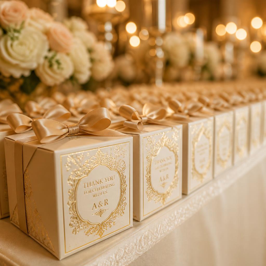 Row of gold-foiled souvenir boxes at an event